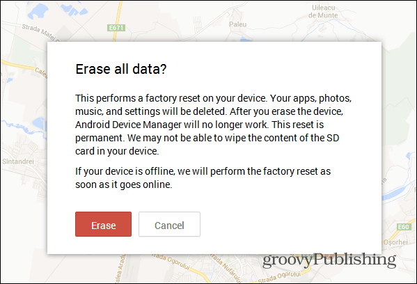 Android Device Manager web interface factory reset