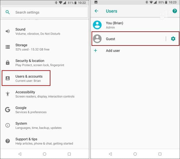 Users and Accounts Android Settings