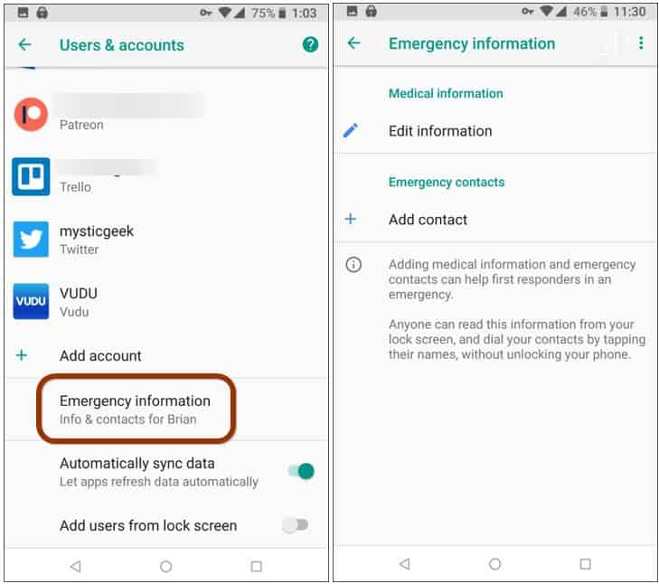 Android Emergency Information
