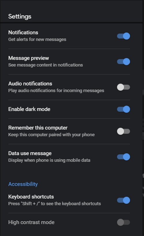 Google Messenger text on your computer settings